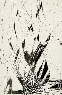 Hannah Höch o.T. (Komposition). 1940. Tuschfederzeichnung auf längs gefaltetem Vélin. 25 x 16,3 cm. Monogrammiert und datiert. Verso mit dem Nachlasst