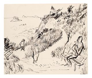 Karl Hubbuch Landschaft am Meer. 1960er Jahre. Rohrfeder auf leichtem Velinkarton. 40,1 x 47 cm. Signiert. Verso mit einer weiteren Arbeit (Pflanzenst