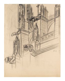 Karl Hubbuch Die Wasserspeier von Notre Dame, Paris. Um 1933/35. Bleistift auf chamoisfarbenem Skizzenvélin. 48,5 x 37,5 cm. Mit Stempelsignatur und d