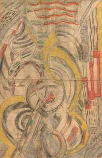 Jeanne Kosnick-Kloss o.T. (Geometrische Komposition). Mischtechnik auf Papier, auf Leinwand aufgezogen. Sichtmaß 105 x 68 cm. Monogrammiert. Unter Lei