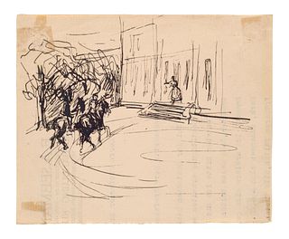 Max Liebermann Ankunft des Majors und seines Dieners, zu Pferde, auf dem Schloßhof, Hilarie auf der Schloßtreppe, ihn begrüßend. Um 1921. Federzeichnu