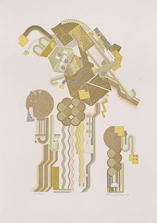 Eduardo Paolozzi o.T. 1974. Farbserigraphie auf Vellum. 65 x 47 cm (83,8 x 59,2 cm). Signiert, datiert und bezeichnet "unikat". - Mit einer leichten u