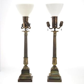 Pair Empire style parcel gilt column table lamps