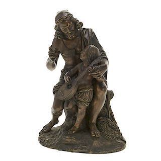 Antique Continental bronze of man, child and lute