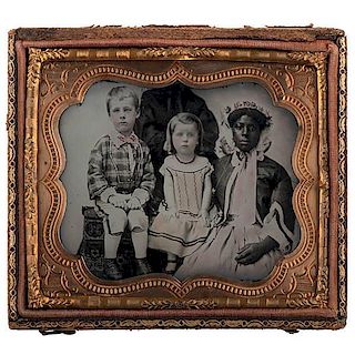 Striking Sixth Plate Ambrotype of a Female Slave, Two White Children, & their Mother 