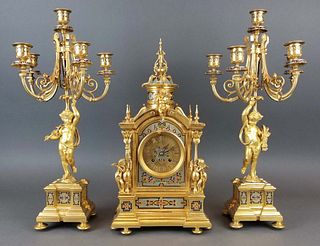 19th C. French Champleve Enamel Figural Clockset