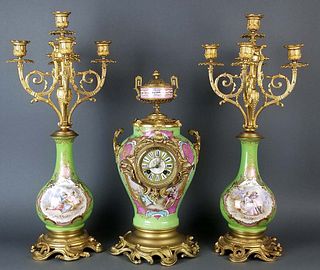 19th C. Sevres Porcelain and Bronze 3 Pc. Clockset