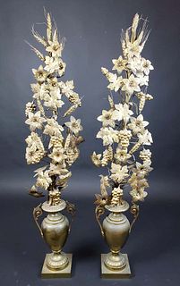 Pair of Gilt Bronze/ Brass Light Floral Urns, Circa