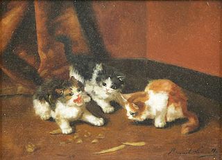 NEUVILLE, Bernard. Oil on Board. Three Kittens.