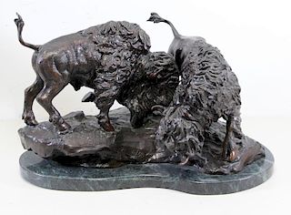 JOHNSON, Stanley. Bronze Sculpture of Two Bison.