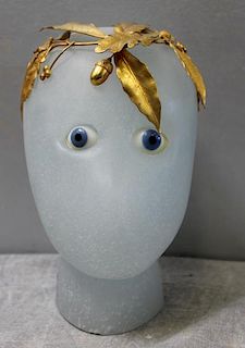 DAUM. Signed Art Glass Head With Gilt Metal Head
