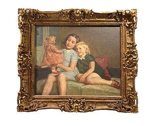 Signed Barbier Oil Painting 'Girls and Their Doll'