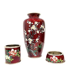 (3) Japanese Cloisonne Enamel Ginbari Foil Silverplate Vases