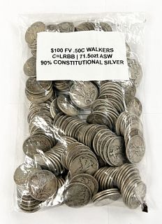$100 FV Sealed Evidence Bag 90% Silver Walkers 50C