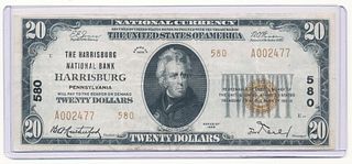Rare 1929 Harrisburg Nat'l Bank Harrisburg PA $20 Note