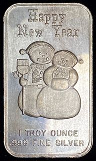 Happy New Year Snowman .999 Silver 1 ozt Bar