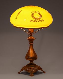 Art Nouveau Brass & Yellow Dome Glass Lamp c1900s