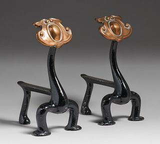 Art Nouveau Iron & Copper Andirons c1900