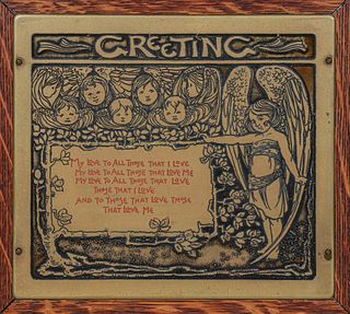 Arts & Crafts Greetings My Love Poem on Oak Framed Brass Plaque c1910