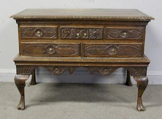 Antique and Finely Carved Oak Cabinet on Stand.