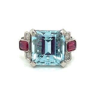 Platinum Aqua Ruby Diamond Ring