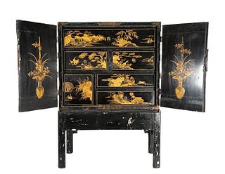 Wonderful Antique Chinese Export Lacquer Small Jewel Chest on Stand