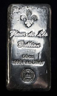 (1) Fleur De Lis Bullion 50 ozt Bar .999 Fine Silver