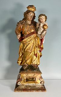 Spanish Colonial Carved and Polychromed Wood Figure, Madonna and Child