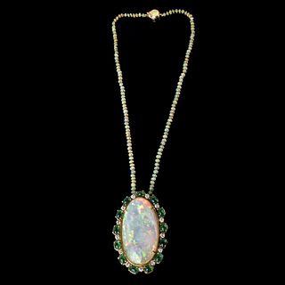Opal, Emerald, Diamond and 14K Necklace