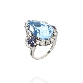 Aquamarine, Diamond, Sapphire and 18K Ring