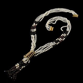 Pearl, Onyx, Garnet and 18K Necklace