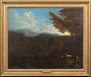 ITALIANATE LANDSCAPE WITH DROVERS RESTING OIL PAINTING