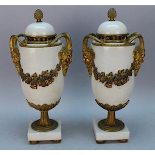 19th C. French Marble/Bronze Mounted Covered Urns