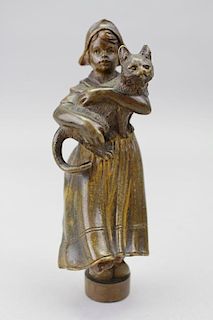 Antique French Bronze Girl Holding Cat