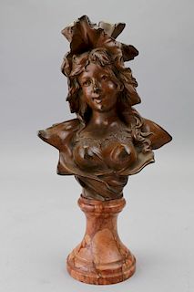 Antique Bronze Bust of a Woman on Marble Base