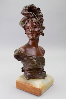 Signed Antique Bronze Bust of a Woman on Onyx Base