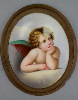 Antique French Porcelain Painted Plaque of Cherub