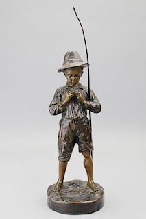 Antique Signed Bronze Boy w/ Fishing Pole