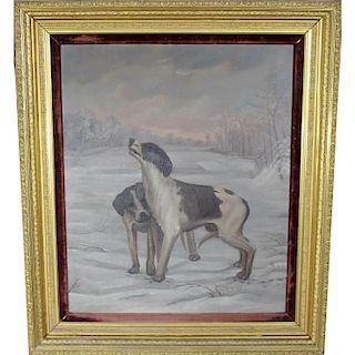 Large Antique Oil/Canvas, Hunting Dogs in Winter