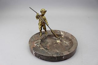 Antique Bronze Boy w/ Broom, Marble Base