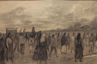 20th C. Charcoal Drawing, Religious Procession