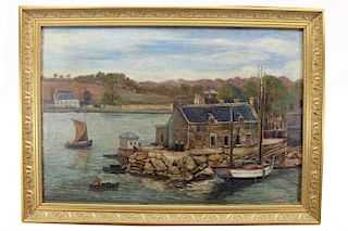 Signed French Brittany Harbor Scene Oil/Canvas