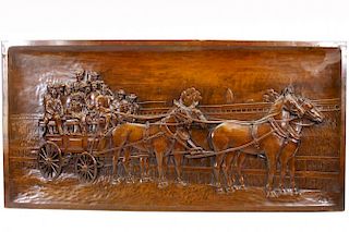 Large Carved Wood Plaque-Horse Drawn Carriage