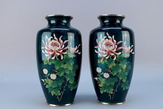 Pair, Green Ground Japanese Cloisonne Vases