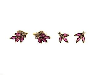 14K Gold Ruby Diamond Stud Earrings Lot of 2