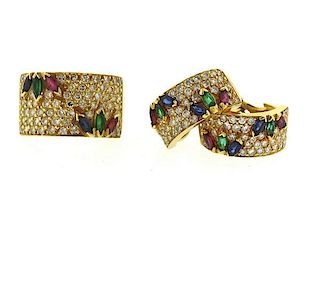 18k Gold Diamond Ruby Emerald Sapphire Ring Earrings Set