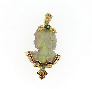 18k Gold Carved Opal Diamond Ruby Emerald Pendant Brooch