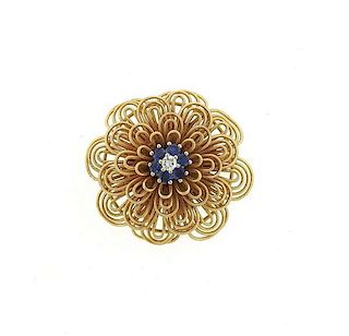14k Gold Sapphire Diamond Flower Brooch Pin