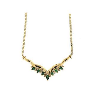 14K Gold Diamond Emerald V Necklace