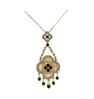 Italian 14K Gold Mother of Pearl Diamond Sapphire Pendant Necklace